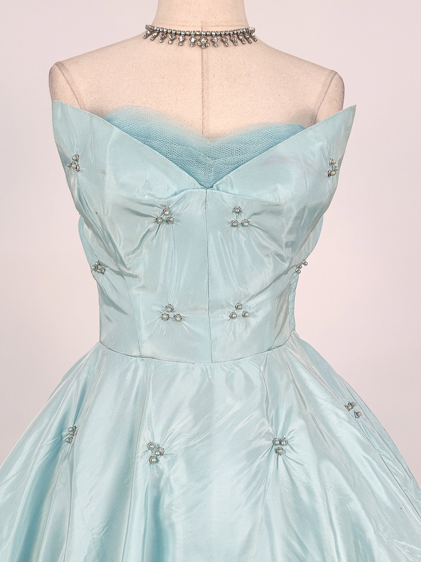 1950s Icy Blue Satin Tulle Party Dress with Pearls / Waist 26