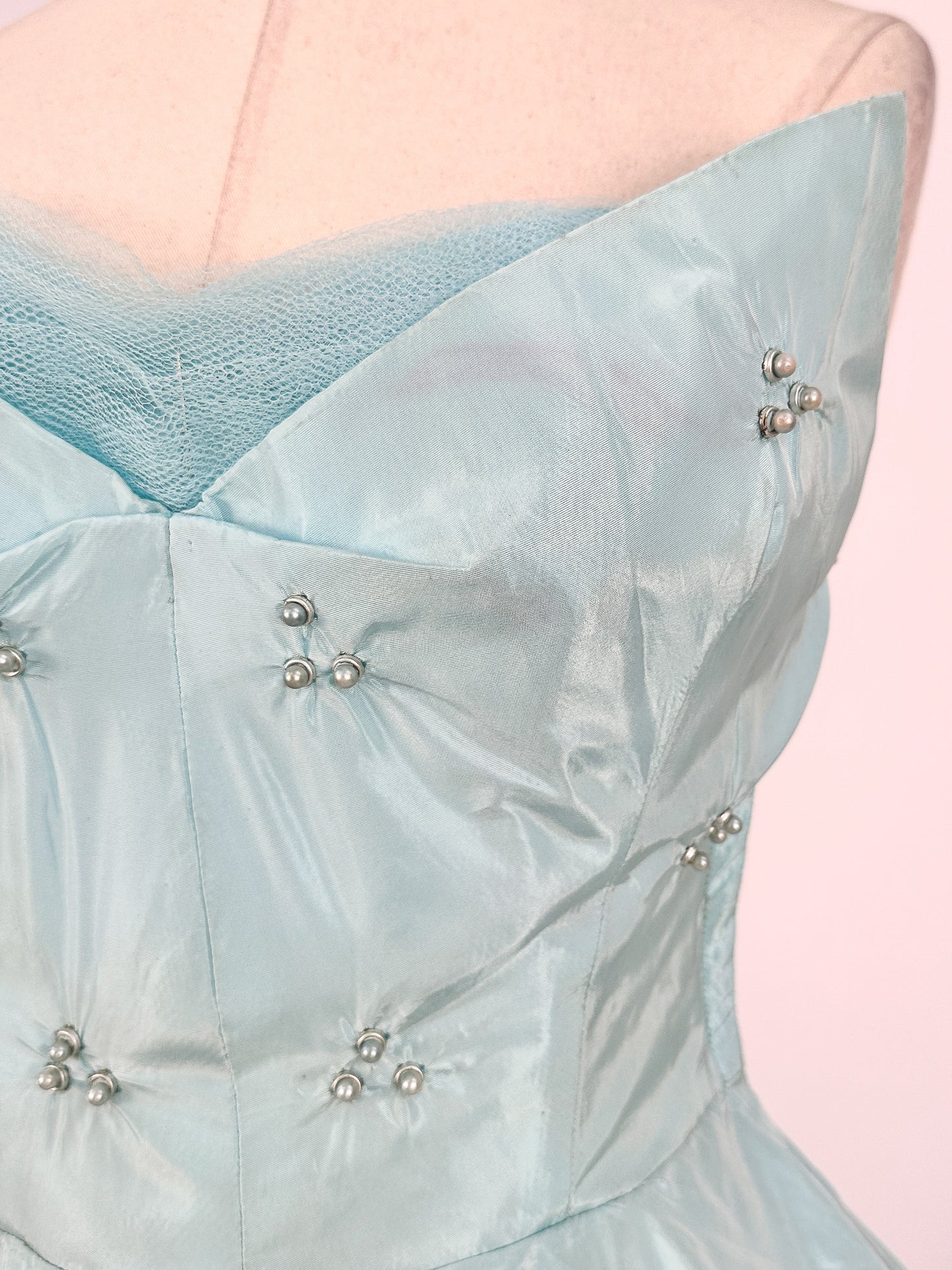 1950s Icy Blue Satin Tulle Party Dress with Pearls / Waist 26