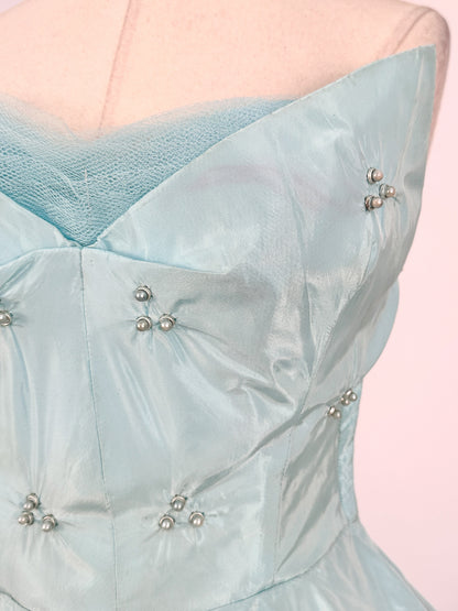 1950s Icy Blue Satin Tulle Party Dress with Pearls / Waist 26