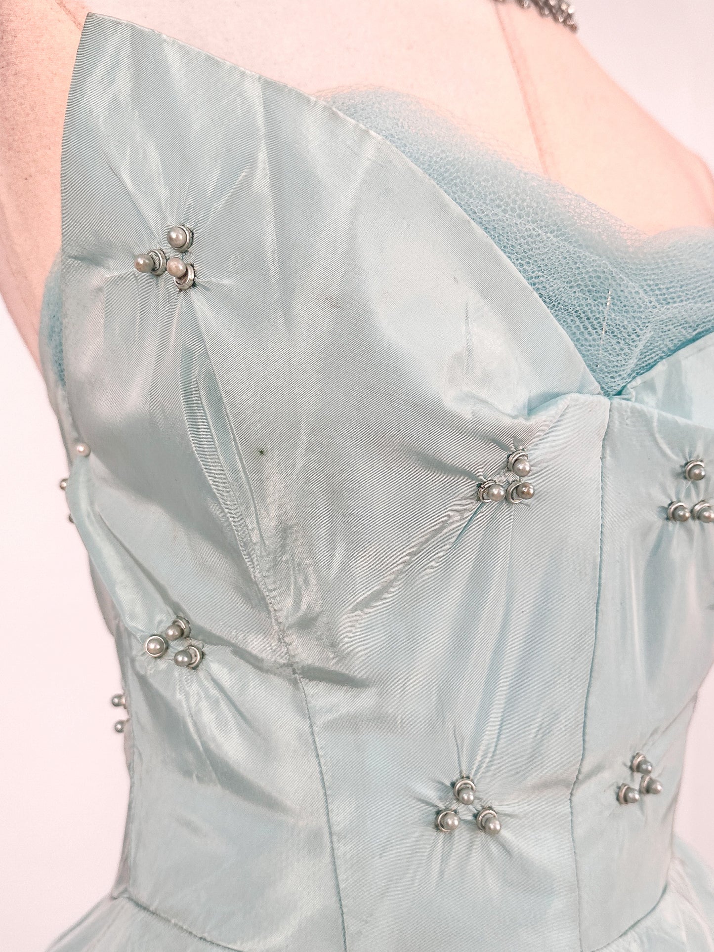 1950s Icy Blue Satin Tulle Party Dress with Pearls / Waist 26