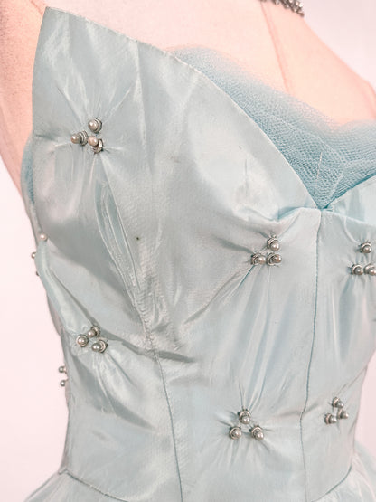 1950s Icy Blue Satin Tulle Party Dress with Pearls / Waist 26