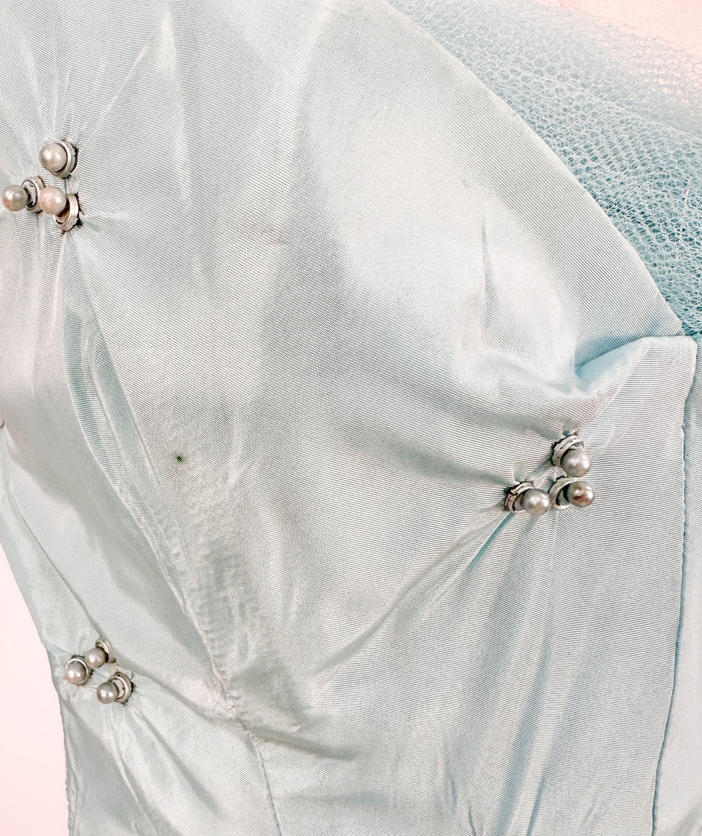 1950s Icy Blue Satin Tulle Party Dress with Pearls / Waist 26