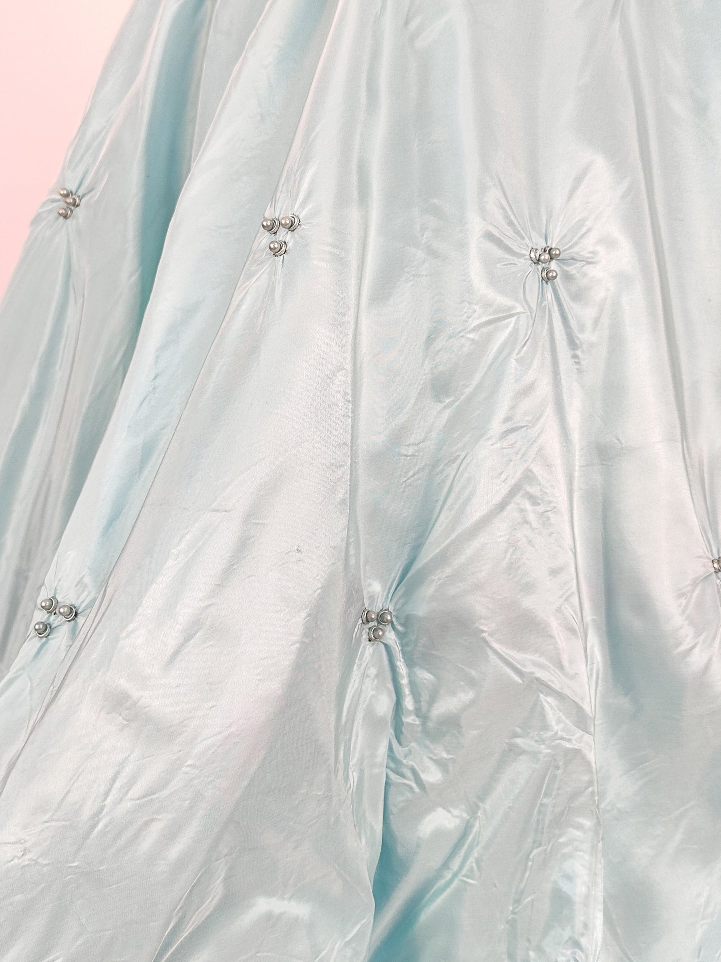 1950s Icy Blue Satin Tulle Party Dress with Pearls / Waist 26