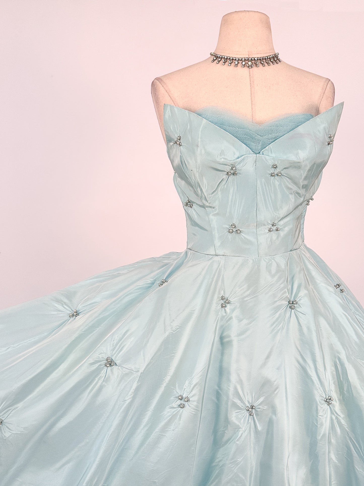 1950s Icy Blue Satin Tulle Party Dress with Pearls / Waist 26