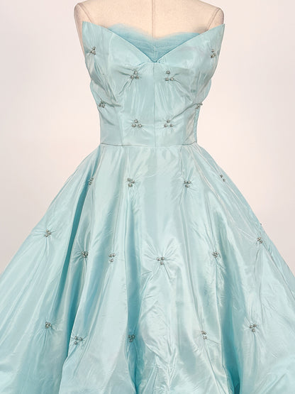 1950s Icy Blue Satin Tulle Party Dress with Pearls / Waist 26