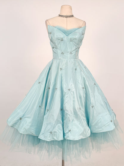 1950s Icy Blue Satin Tulle Party Dress with Pearls / Waist 26