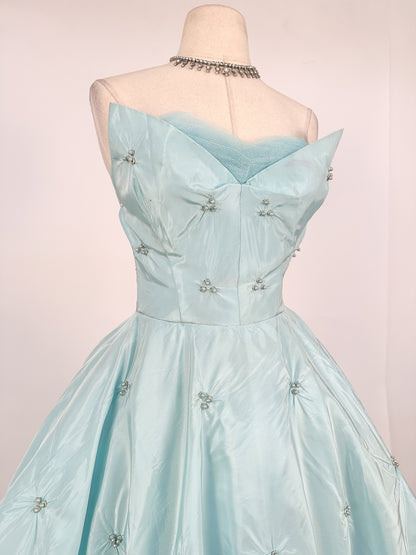 1950s Icy Blue Satin Tulle Party Dress with Pearls / Waist 26