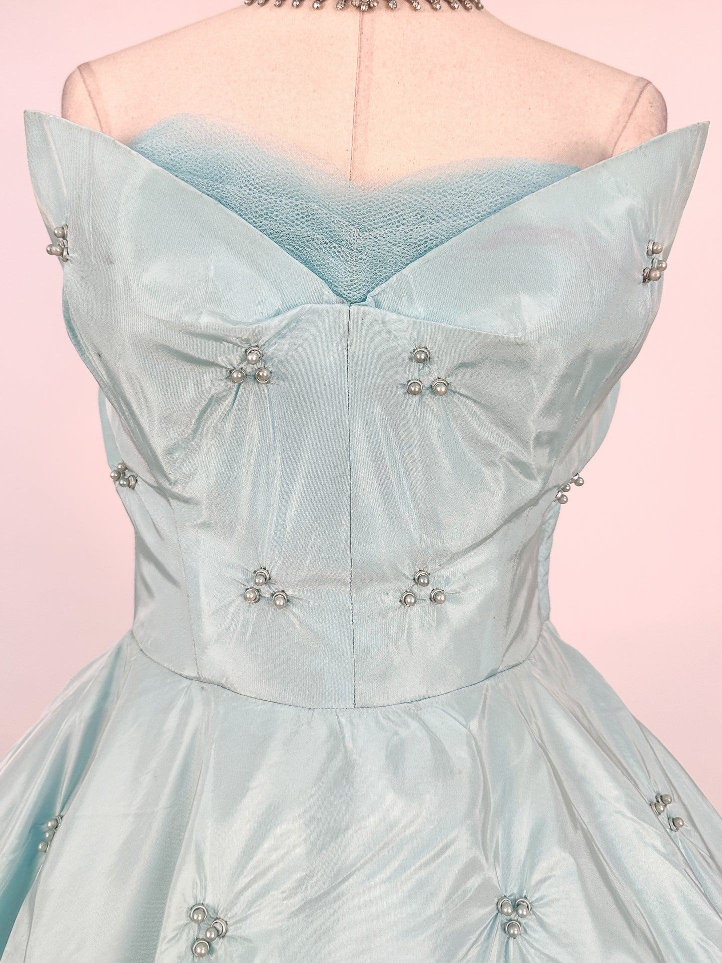 1950s Icy Blue Satin Tulle Party Dress with Pearls / Waist 26
