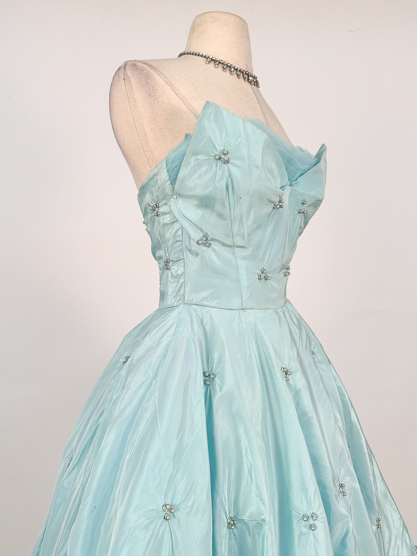 1950s Icy Blue Satin Tulle Party Dress with Pearls / Waist 26