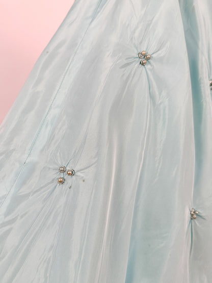 1950s Icy Blue Satin Tulle Party Dress with Pearls / Waist 26