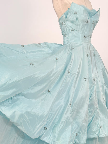 1950s Icy Blue Satin Tulle Party Dress with Pearls / Waist 26