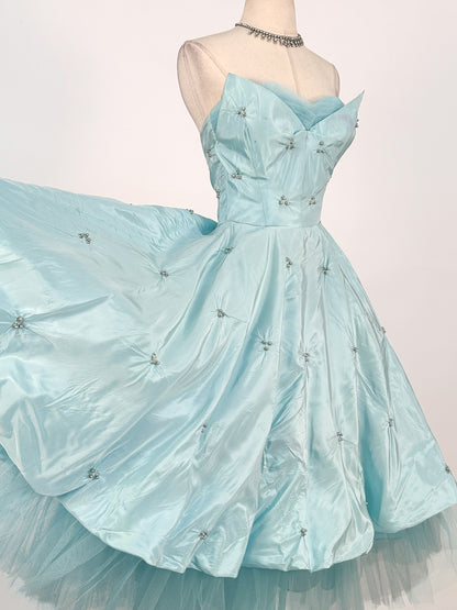 1950s Icy Blue Satin Tulle Party Dress with Pearls / Waist 26