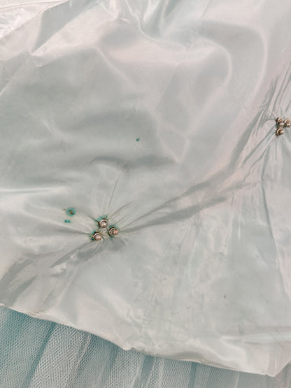 1950s Icy Blue Satin Tulle Party Dress with Pearls / Waist 26