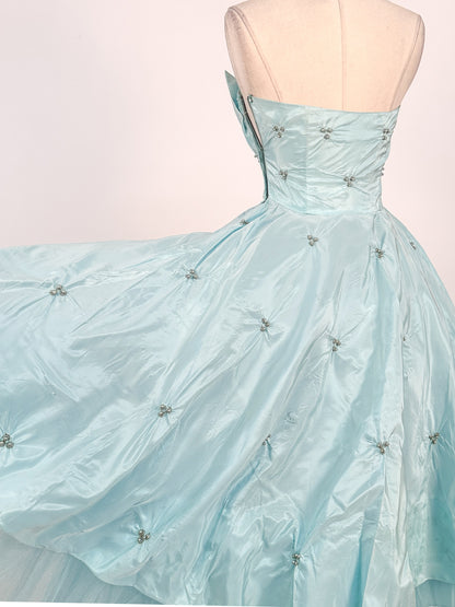 1950s Icy Blue Satin Tulle Party Dress with Pearls / Waist 26