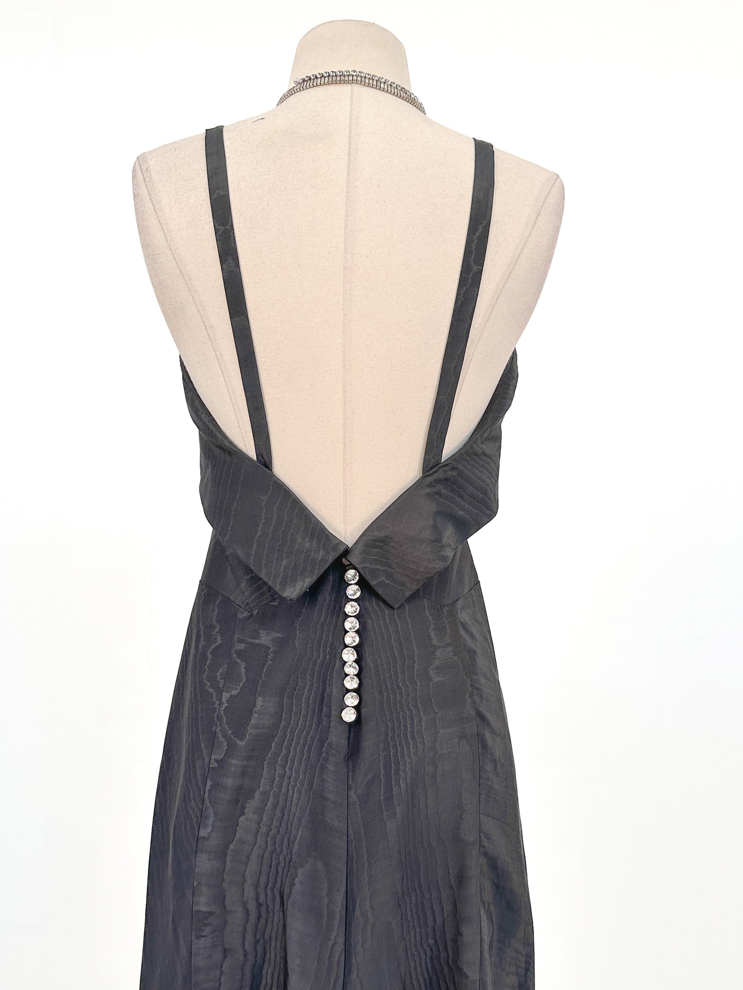 1930s Silk Moiré Gown with Rhinestone Buttons / Waist 28