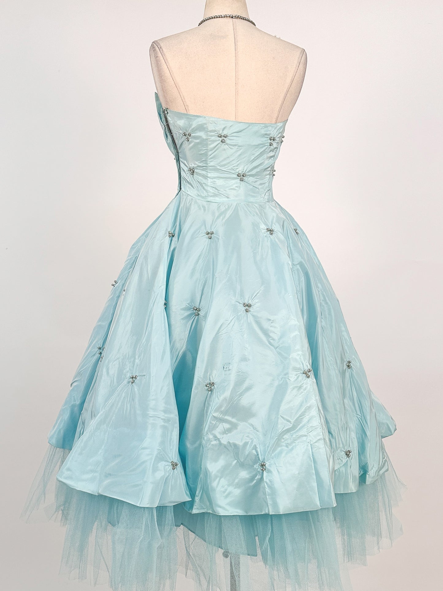 1950s Icy Blue Satin Tulle Party Dress with Pearls / Waist 26