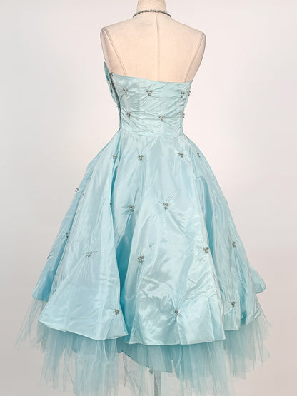 1950s Icy Blue Satin Tulle Party Dress with Pearls / Waist 26