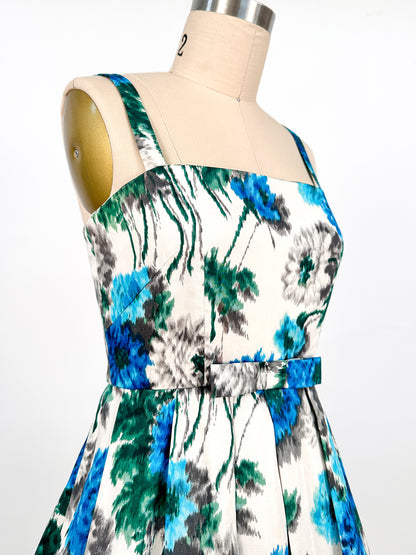1950s Watercolor Blue Floral Fit and Flare / Waist 22