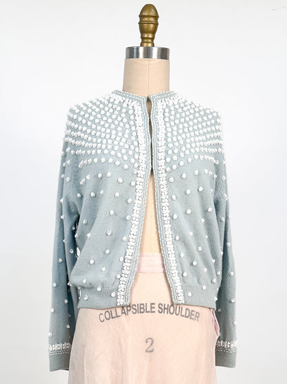 1950s Icy Blue Beaded Sweater / Fits up to a Bust 42-44