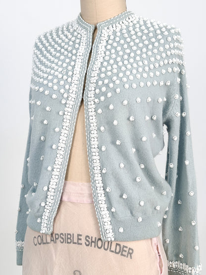 1950s Icy Blue Beaded Sweater / Fits up to a Bust 42-44