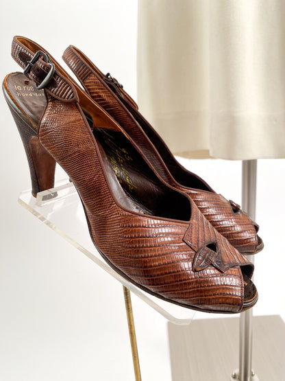 1940s Brown Leather Slingback Heels/ Size 7.5