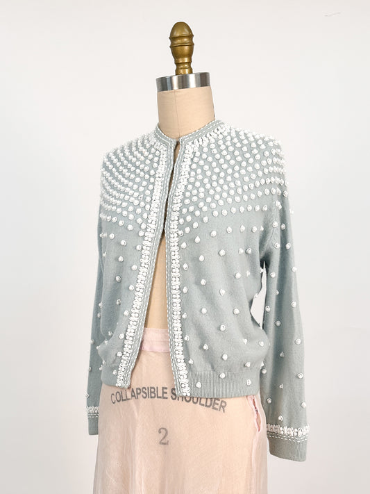 1950s Icy Blue Beaded Sweater / Fits up to a Bust 42-44