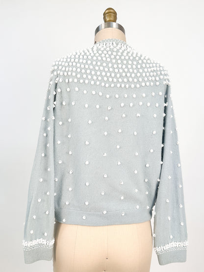 1950s Icy Blue Beaded Sweater / Fits up to a Bust 42-44