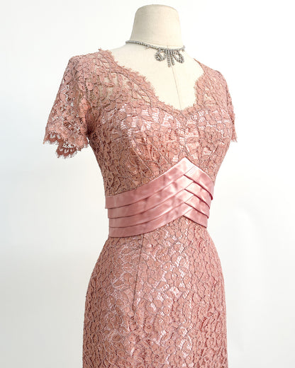 1950s Romantic Mauve Lace Evening Dress with Pink Satin Accents / Medium