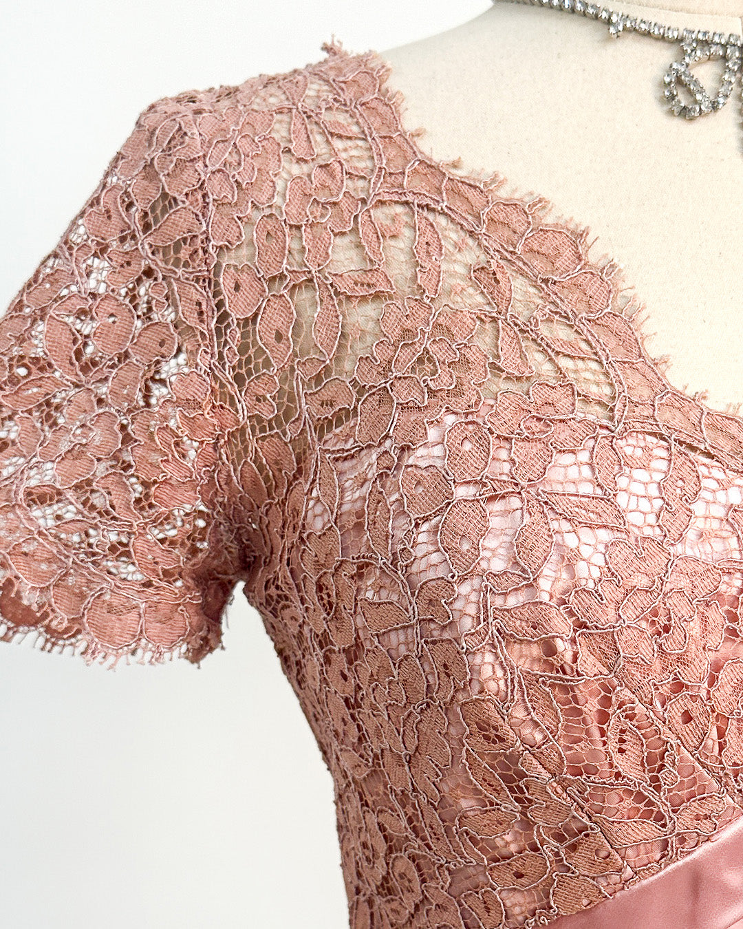 1950s Romantic Mauve Lace Evening Dress with Pink Satin Accents / Medium