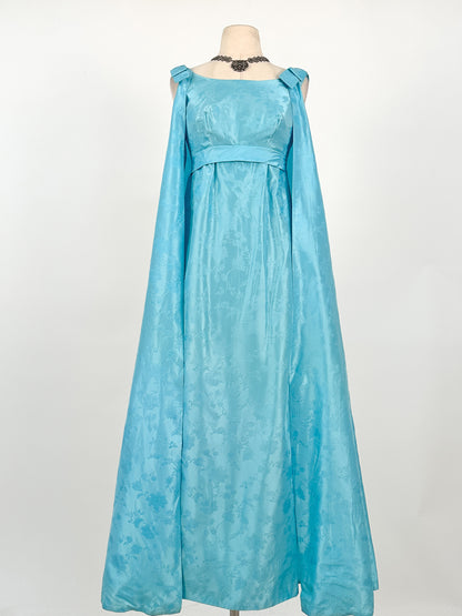 1960s Aquamarine Embossed Satin Evening Gown / Bust 32