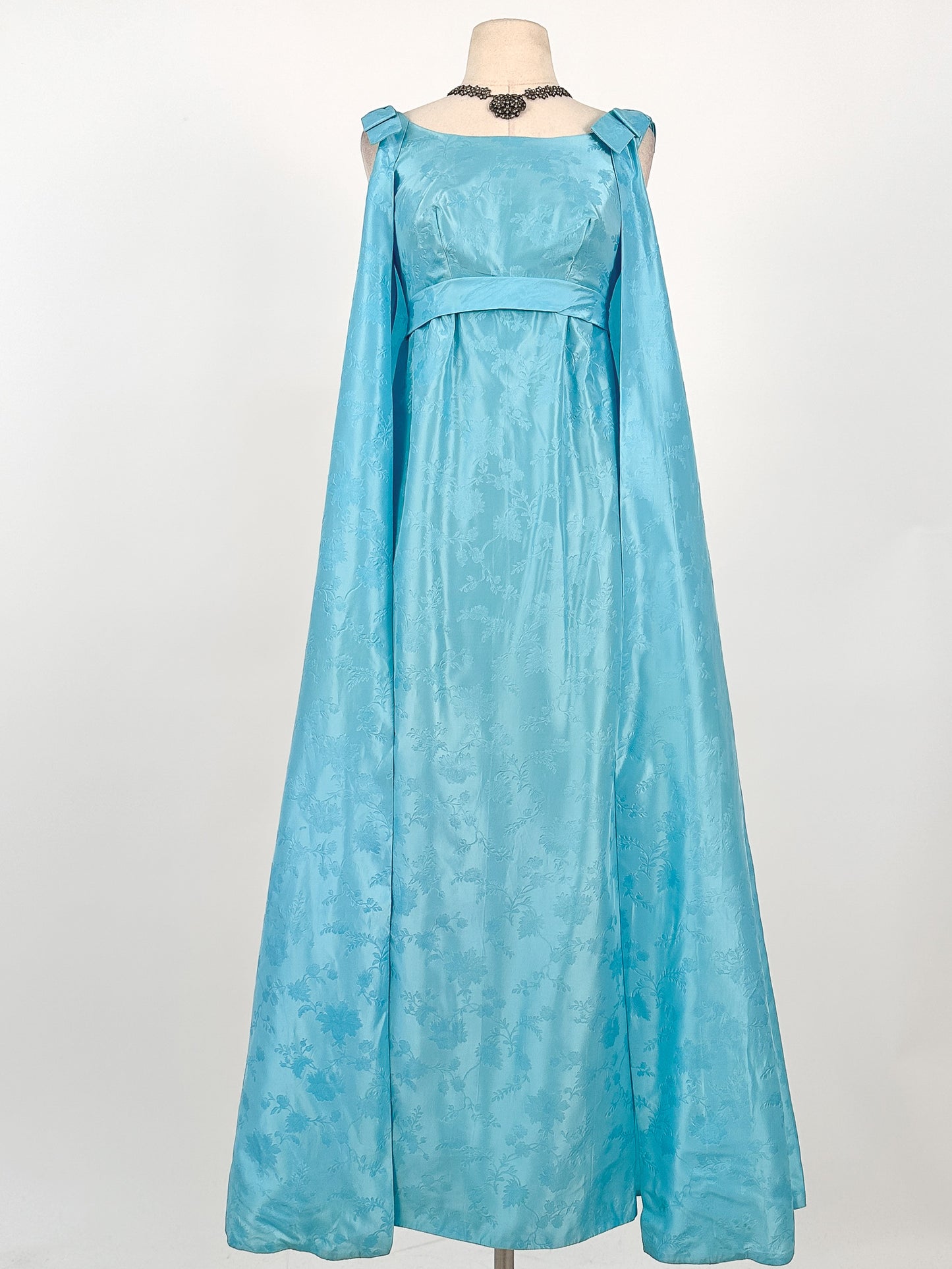 1960s Aquamarine Embossed Satin Evening Gown / Bust 32