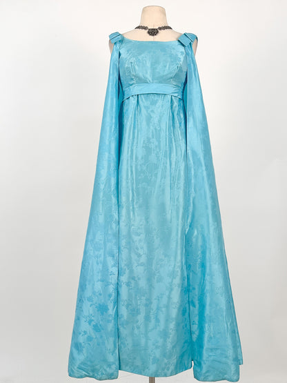 1960s Aquamarine Embossed Satin Evening Gown / Bust 32