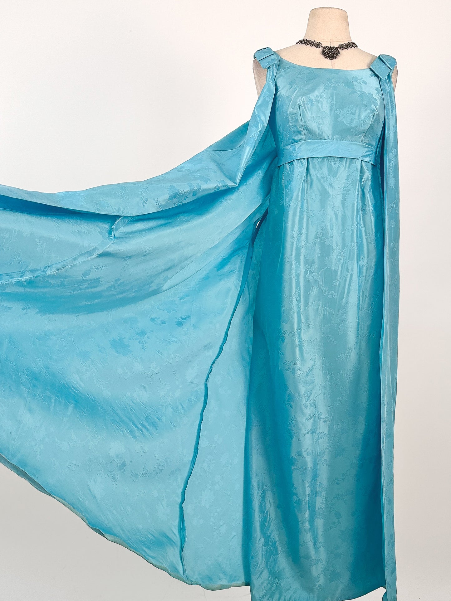 1960s Aquamarine Embossed Satin Evening Gown / Bust 32