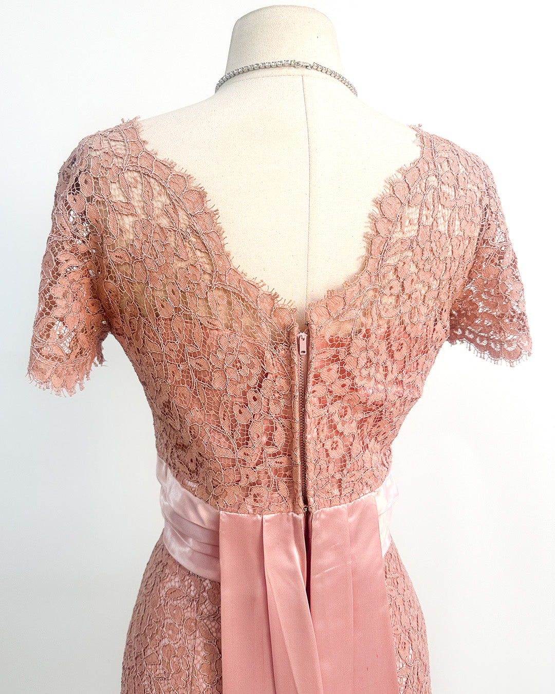 1950s Romantic Mauve Lace Evening Dress with Pink Satin Accents / Medium