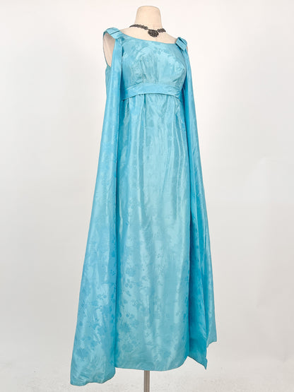 1960s Aquamarine Embossed Satin Evening Gown / Bust 32