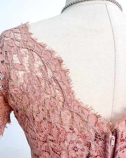 1950s Romantic Mauve Lace Evening Dress with Pink Satin Accents / Medium