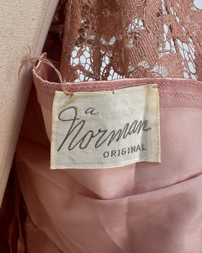 1950s Romantic Mauve Lace Evening Dress with Pink Satin Accents / Medium