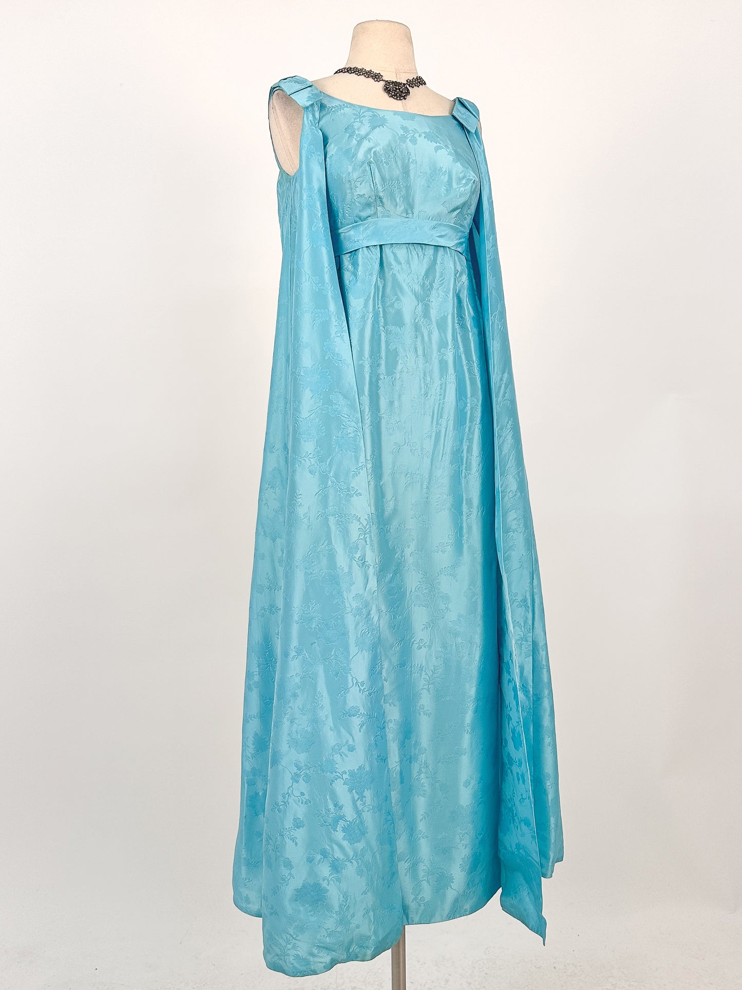 1960s Aquamarine Embossed Satin Evening Gown / Bust 32