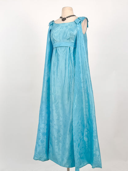 1960s Aquamarine Embossed Satin Evening Gown / Bust 32