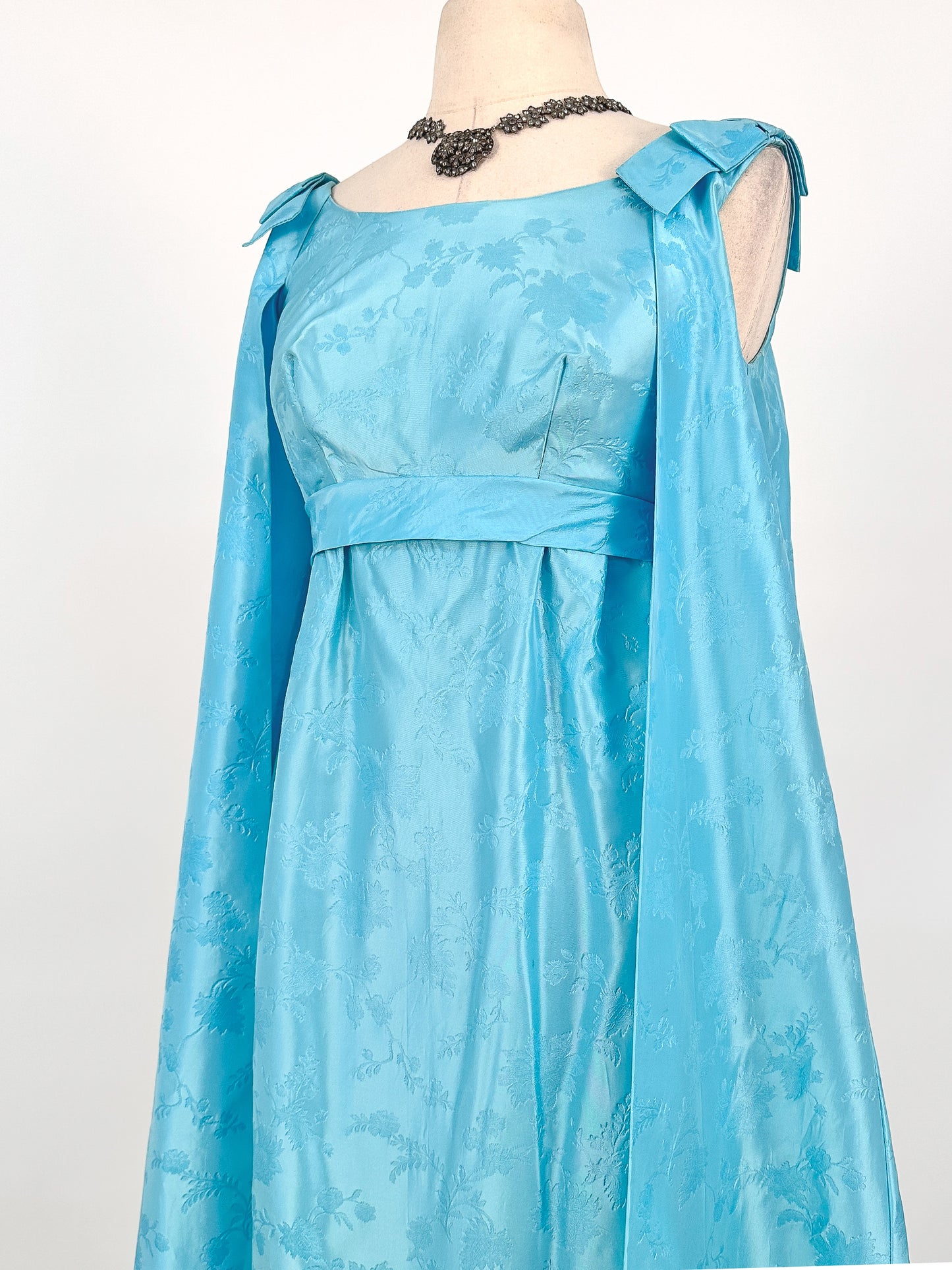 1960s Aquamarine Embossed Satin Evening Gown / Bust 32