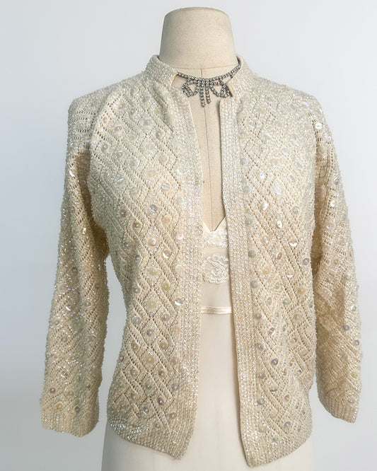 1950s Sparkling Iridescent Sequined Cardigan / Large