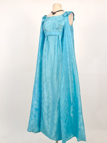 1960s Aquamarine Embossed Satin Evening Gown / Bust 32