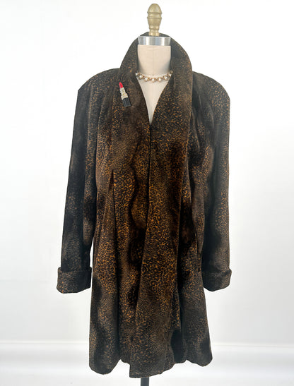 1980s Chocolate Leopard Print Faux Fur Coat