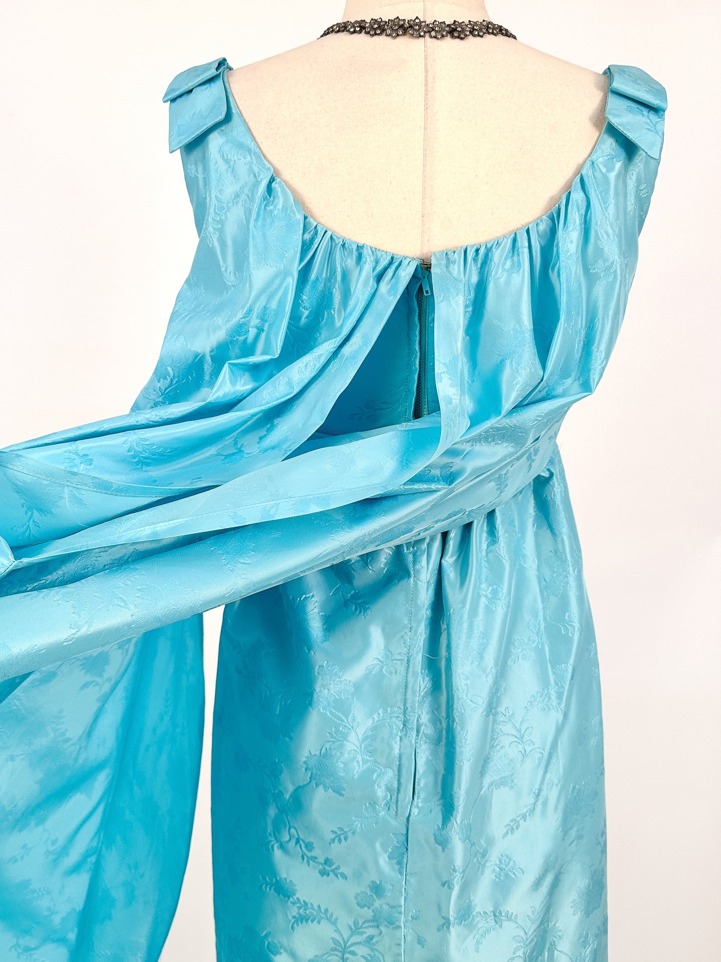 1960s Aquamarine Embossed Satin Evening Gown / Bust 32