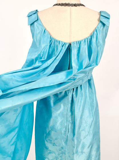 1960s Aquamarine Embossed Satin Evening Gown / Bust 32