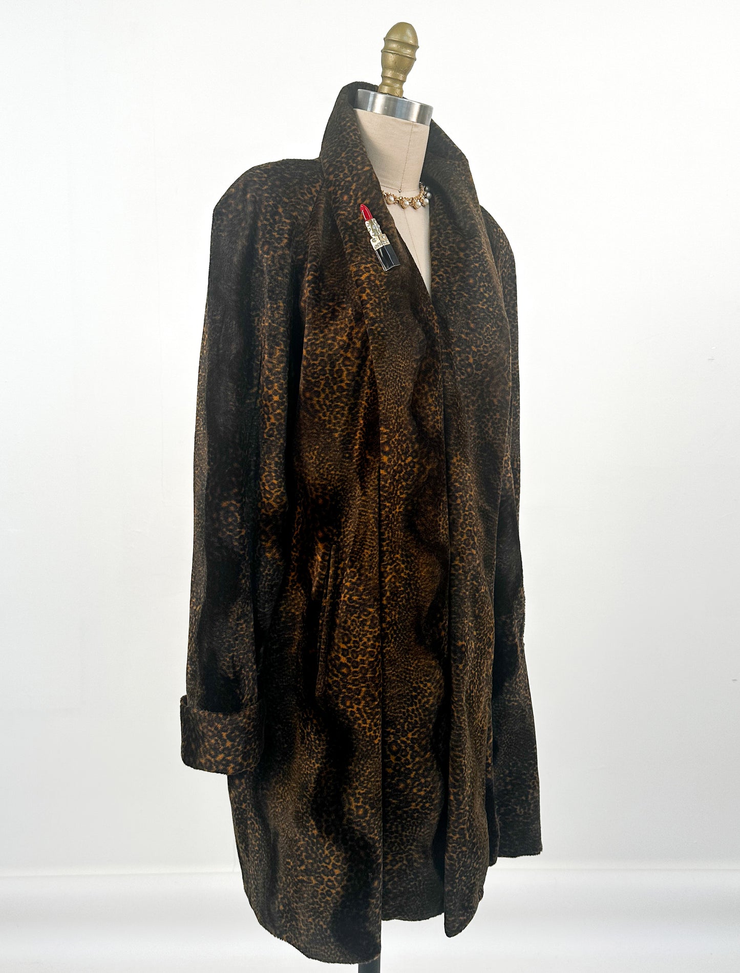 1980s Chocolate Leopard Print Faux Fur Coat