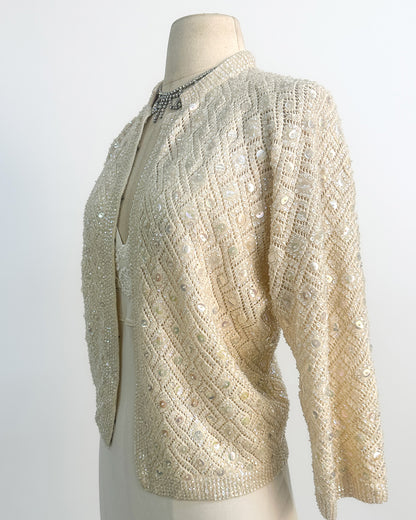 1950s Sparkling Iridescent Sequined Cardigan / Large