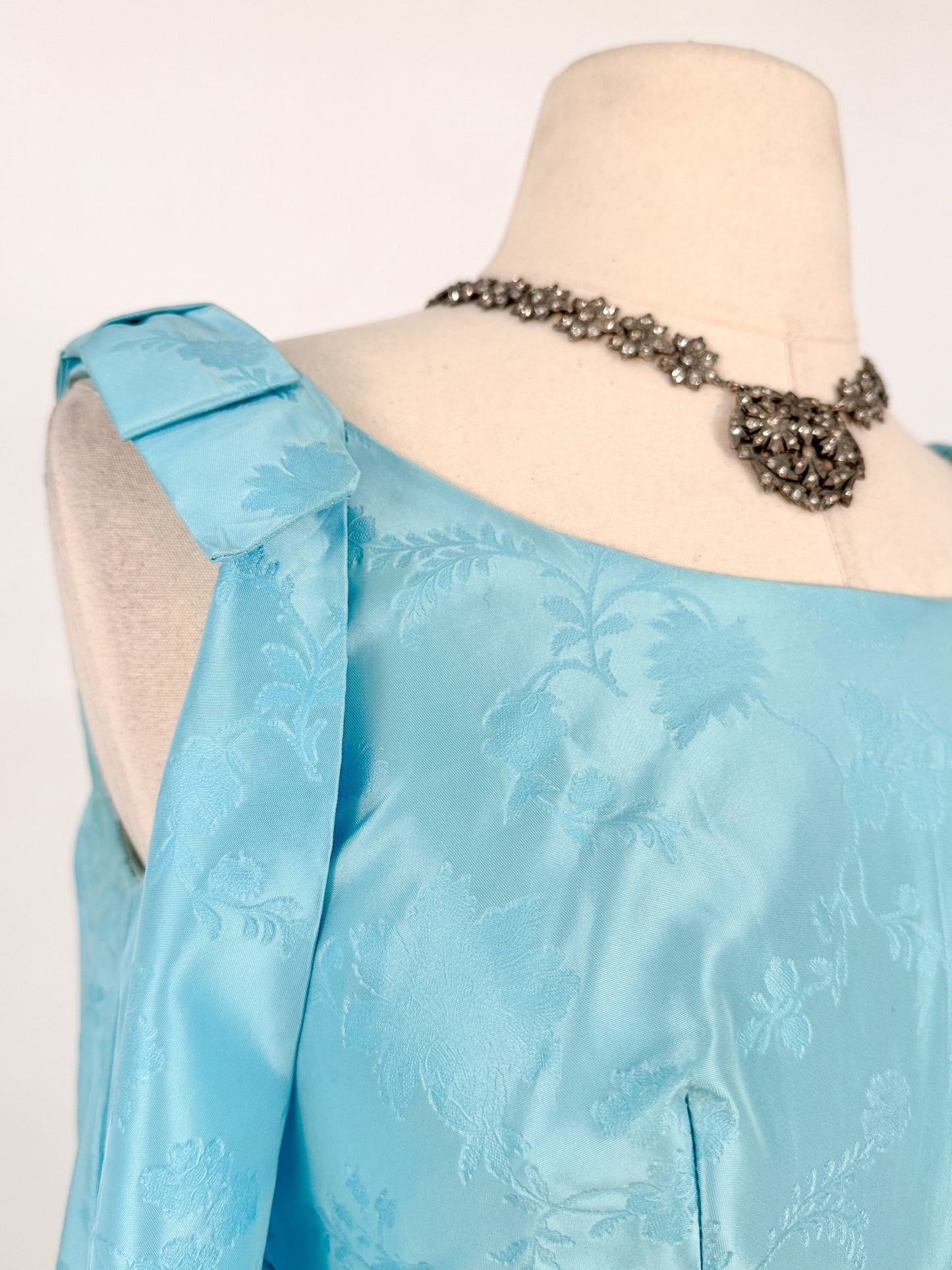 1960s Aquamarine Embossed Satin Evening Gown / Bust 32