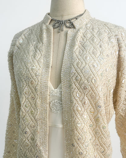 1950s Sparkling Iridescent Sequined Cardigan / Large