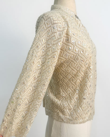 1950s Sparkling Iridescent Sequined Cardigan / Large